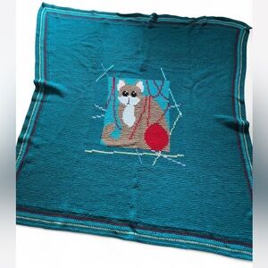 Vintage Handmade Teal Knit Blanket with Cat Design